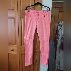 NWOT Neon Coral Pink Peach Distressed Holey Jeans 11